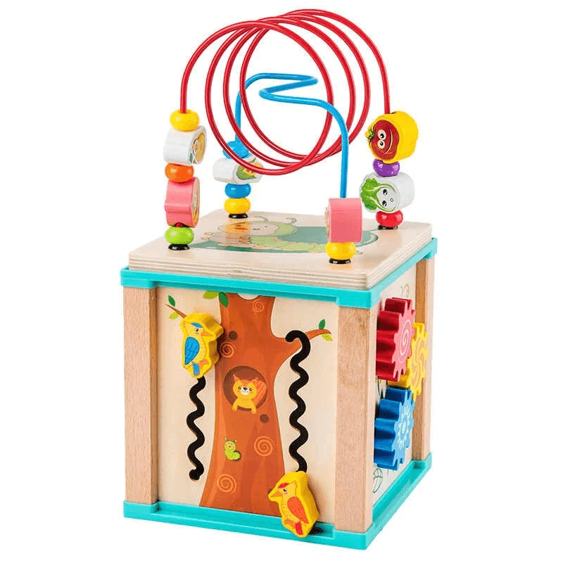 Cub Montessori de activitati pentru copii din lemn 5 in 1