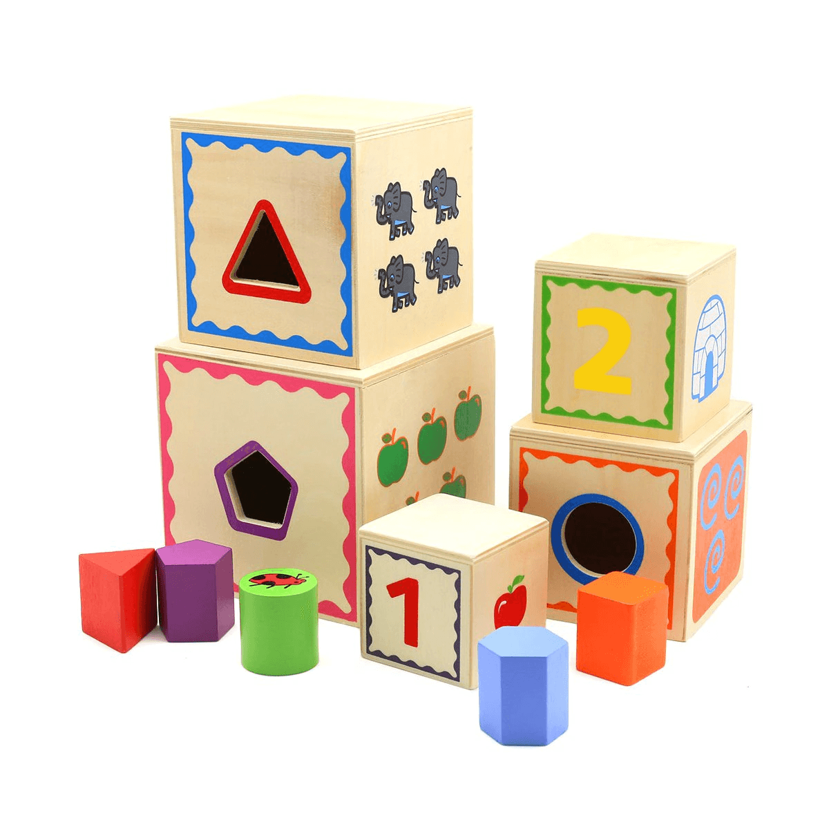 Set 5 cuburi de lemn cu sortator Montessori
