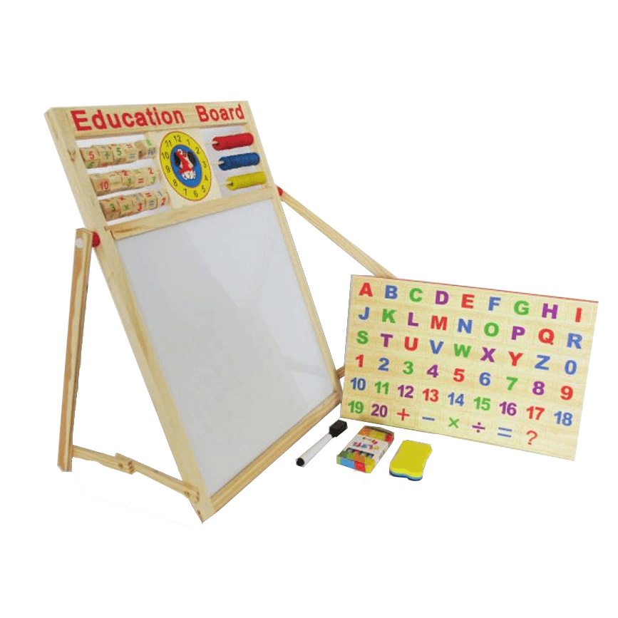 Tabla magnetica de scris si desenat, cu doua fete, litere si cifre magnetice, marker si creta