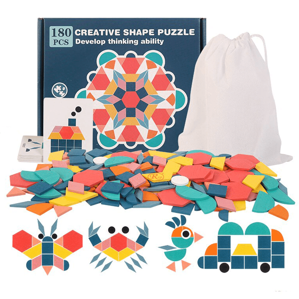 Joc puzzle tangram din lemn cu 180 piese