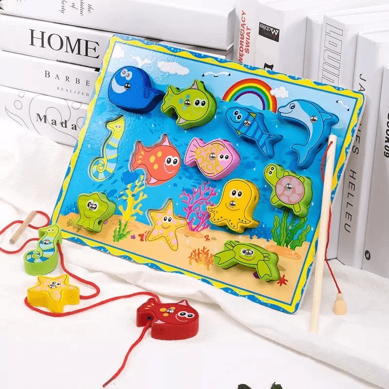 Joc de pescuit magnetic din lemn, snuruit, puzzle incastru