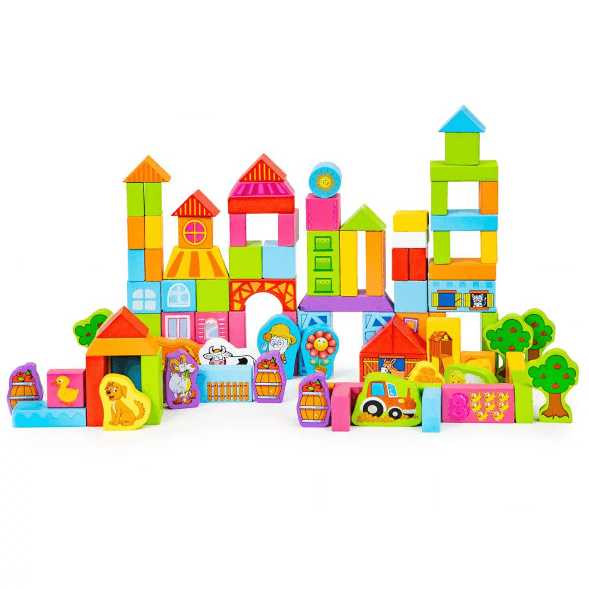 Set FERMA ANIMALELOR, cuburi din lemn pentru construit 100 de piese