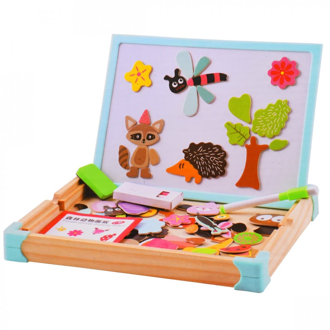 Tabla magnetica din lemn pentru copii, 2 in 1, cu fata dubla pentru marker si creta