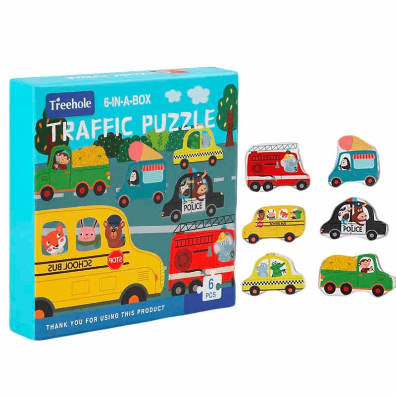 Set puzzle de jucarie, vehicule, din carton solid, 6 piese