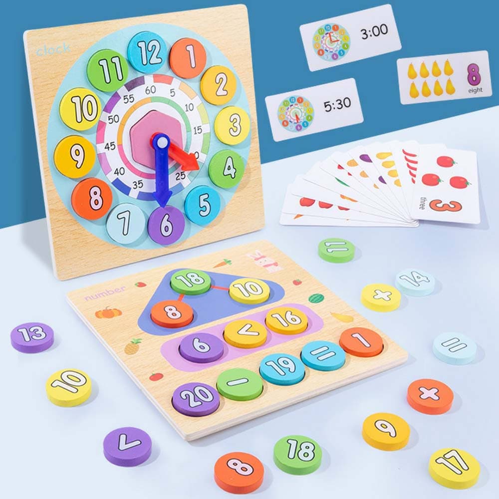 Joc montessori 2 in 1 din lemn: ceas si joc de matematica