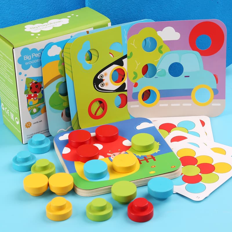 Joc mozaic montessori din lemn cu butoni mari