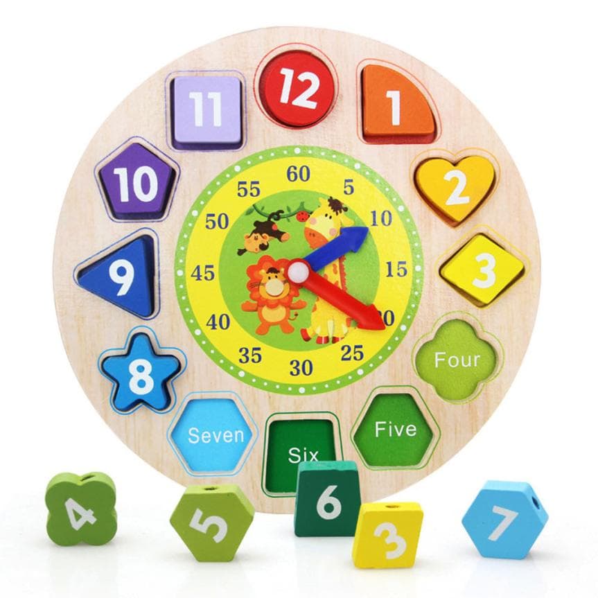 Sa invatam ceasul, cu forme geometrice, incastru si snuruire, Montessori, din lemn, 12 piese