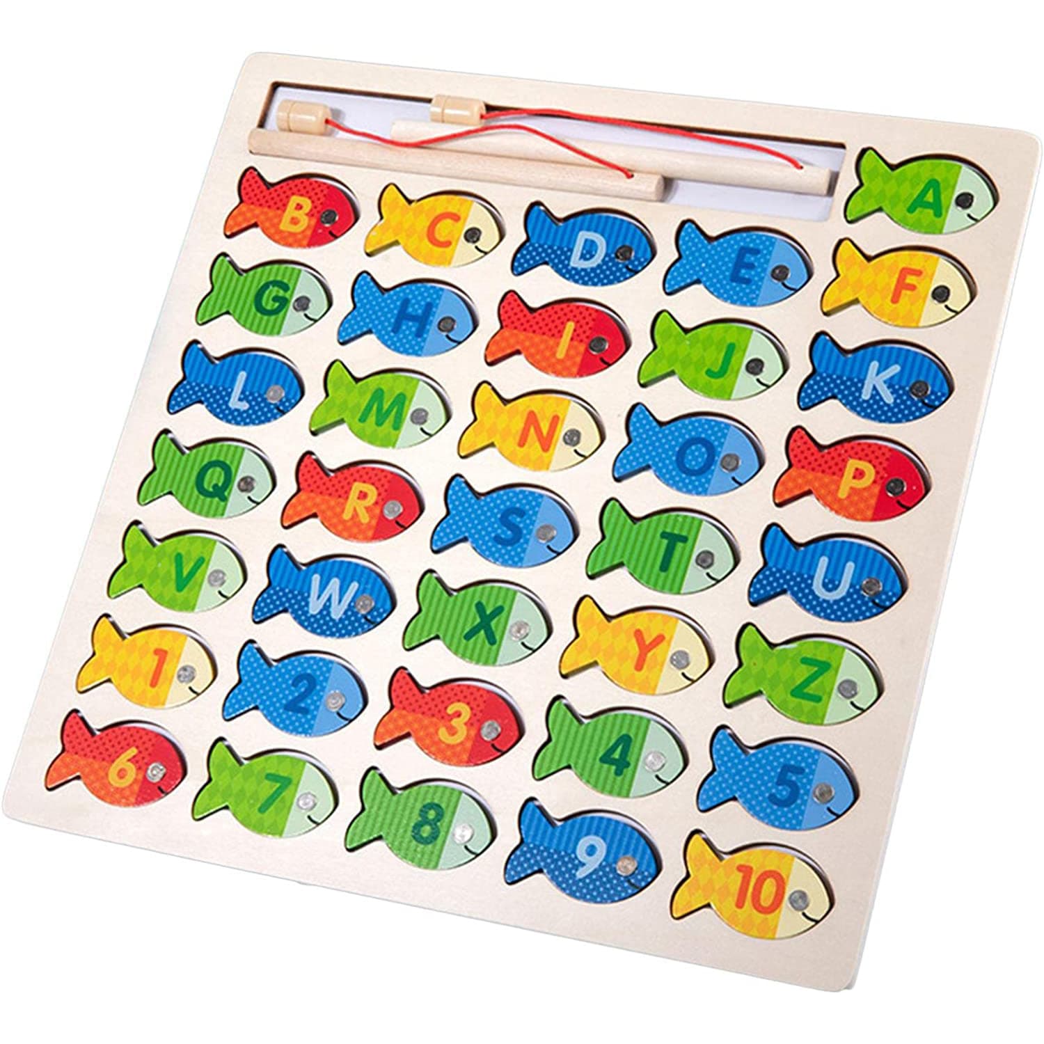 Joc de pescuit Montessori din lemn cu magnet, puzzle incastru, alfabet si cifre, 30 x 30 cm - 36 piese