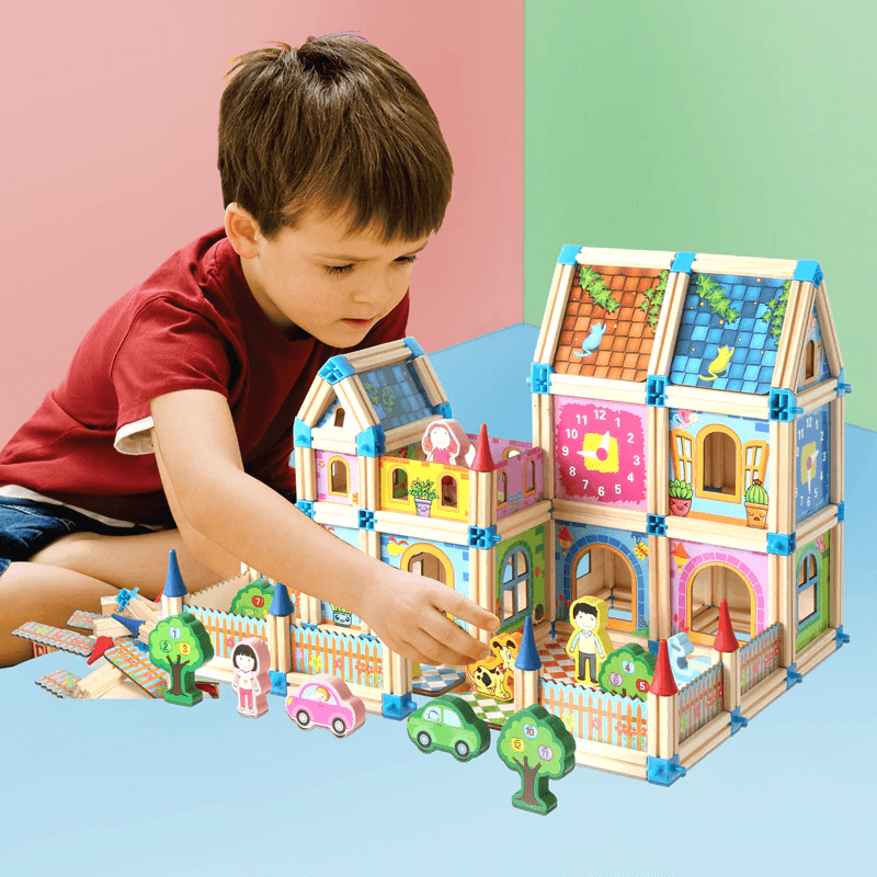 Casuta de construit din lemn natural, Micul Arhitect, 268 piese