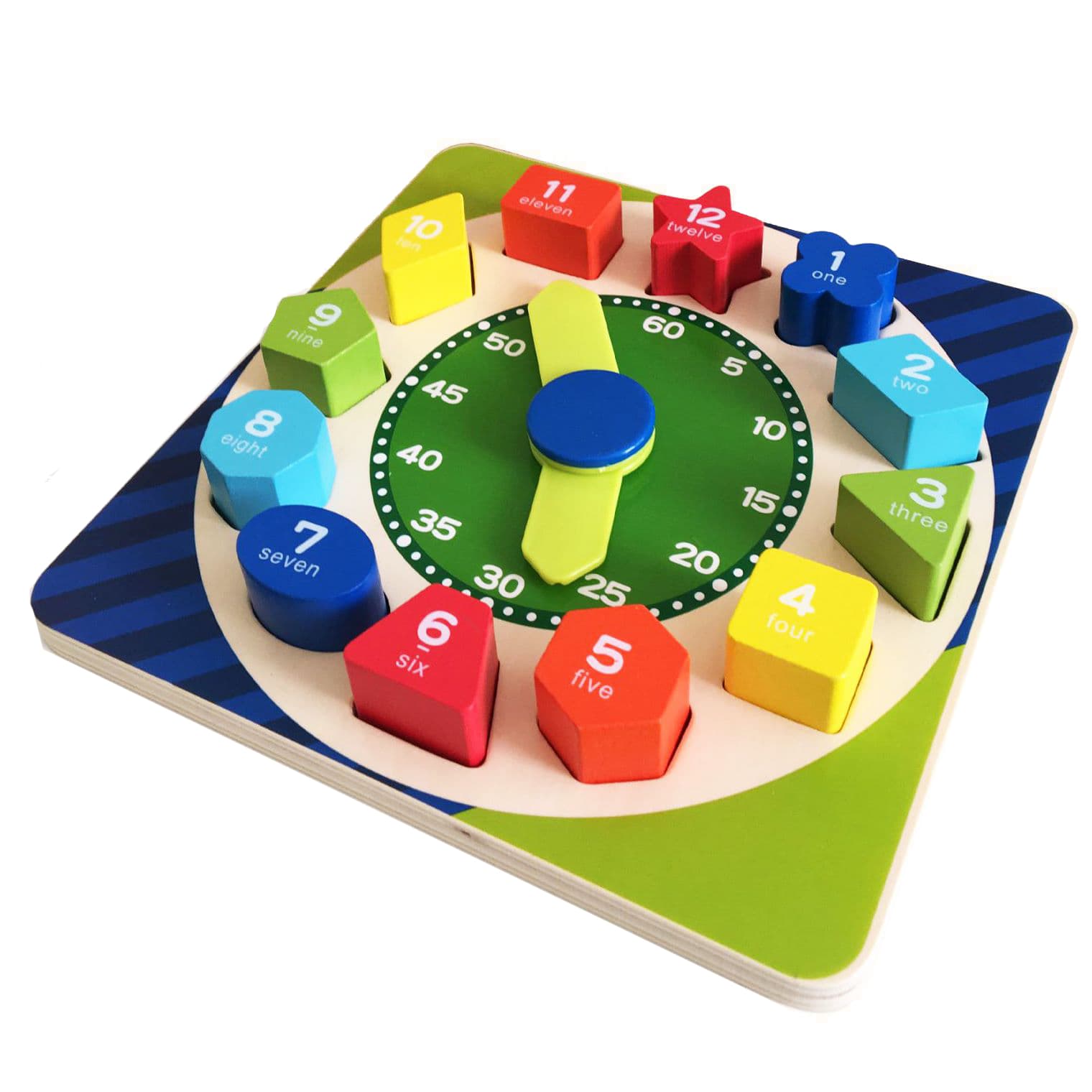 Joc educativ de sortare Montessori Ceasul din lemn cu forme geometrice si cifre