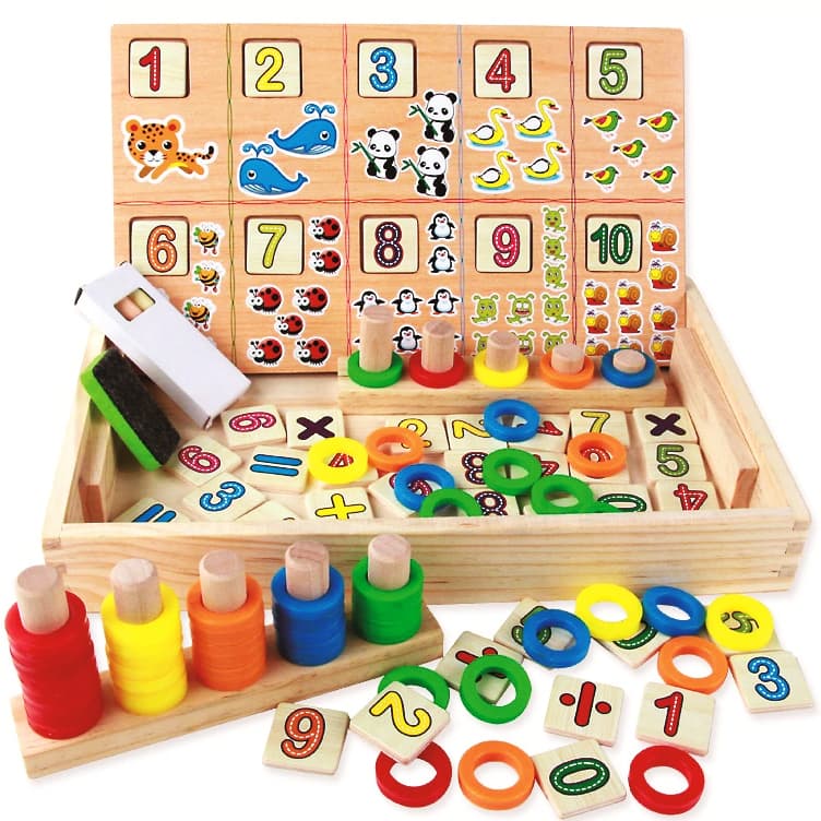 Tabla educativa Montessori din lemn cu fata dubla, calculeaza, deseneaza si asociaza cercurile