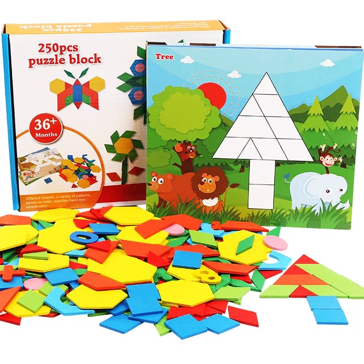 Joc Puzzle Tangram din lemn cu 250 de piese geometrice, multicolore si cifre