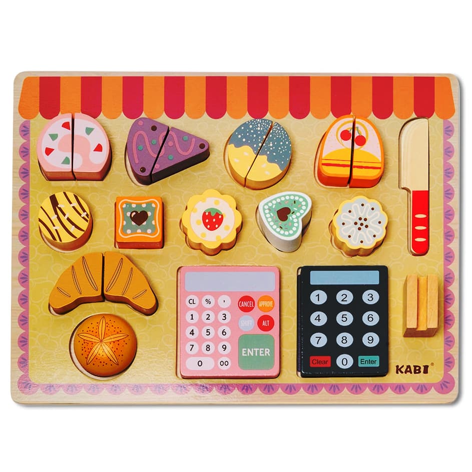 Tablita din lemn, Montessori, cu figurine tip produse de patiserie, calculator, monede si card