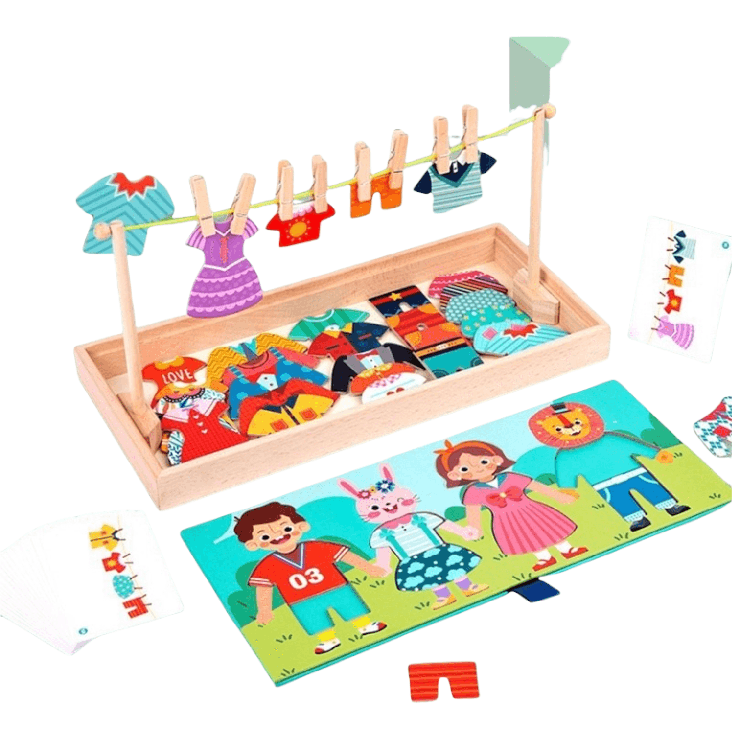 Joc Puzzle Montessori din lemn, 2 in 1, imbraca familia si usuca hainele, 30 piese