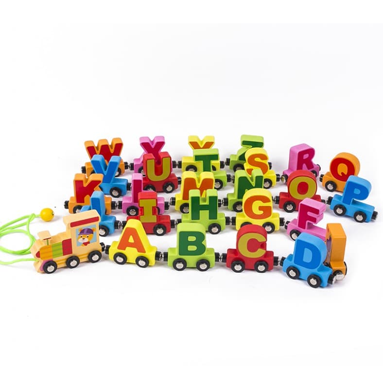 Trenulet magnetic Montessori din lemn, 1 locomotiva si 26 vagoane cu litere, 2.18 metri