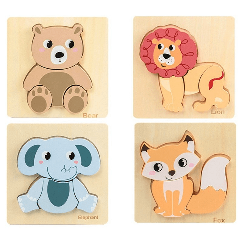 Set 4 puzzle 3D din lemn in relief, animale salbatice, 16 piese