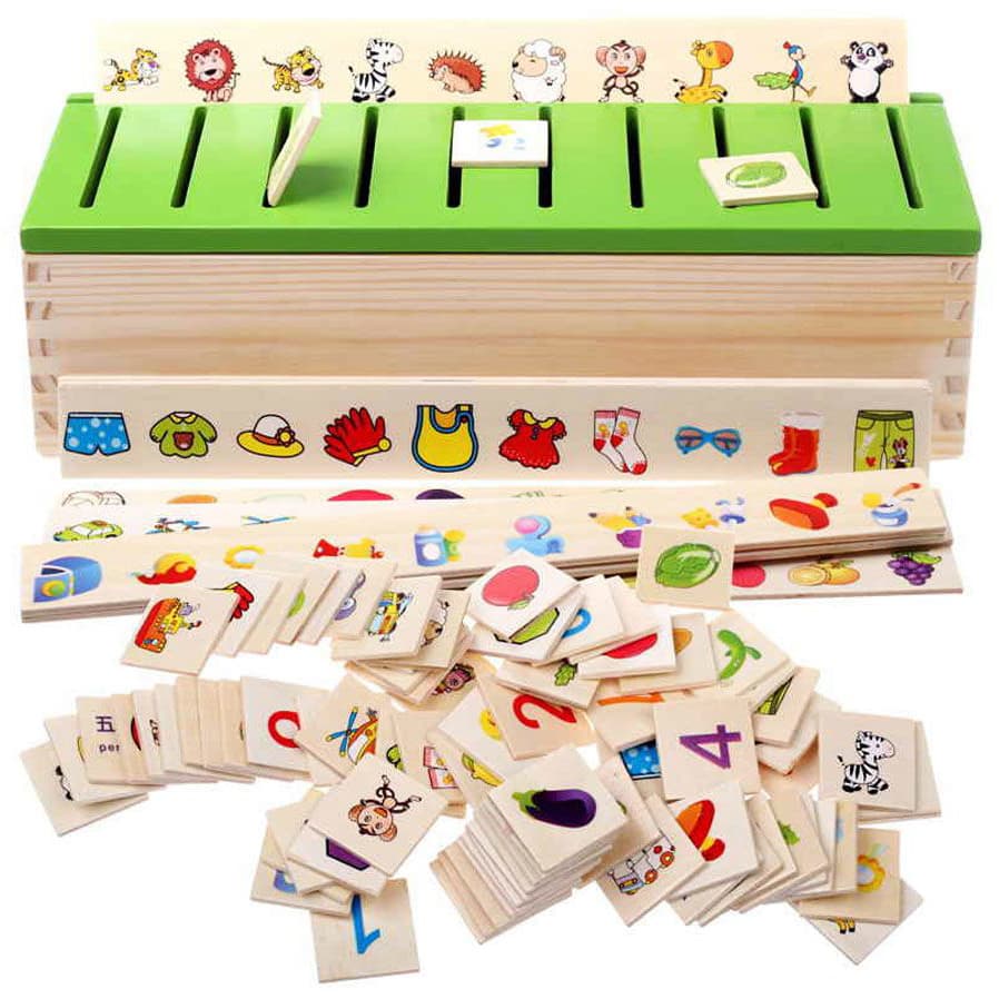 Jucarie educativa din lemn, cutie pentru sortare Montessori, 90 de piese colorate
