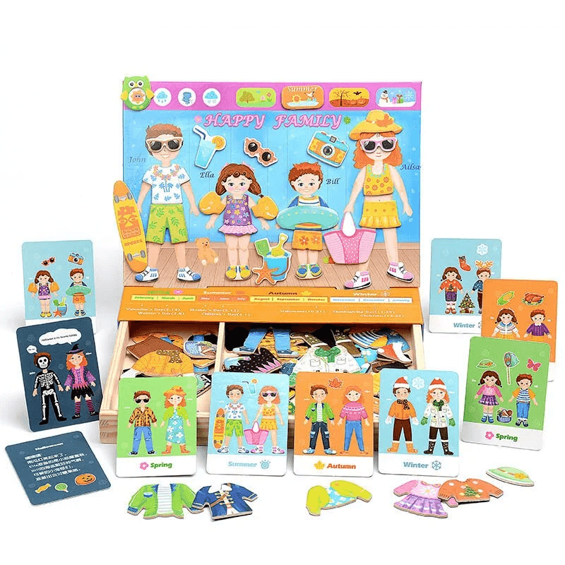 Joc magnetic Montessori, Puzzle din lemn, Imbraca Familia KIDUS