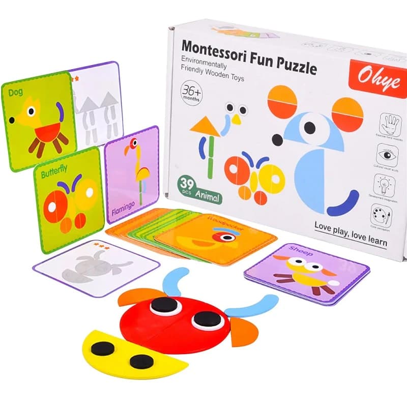 Joc educativ Montessori - Tangram cu 39 piese geometrice multicolore din lemn