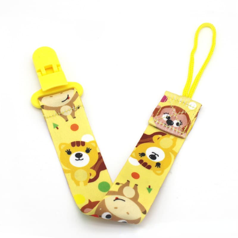 Lant/Snur pentru suzeta sau jucarie cu clips, imprimeu galben cu animale