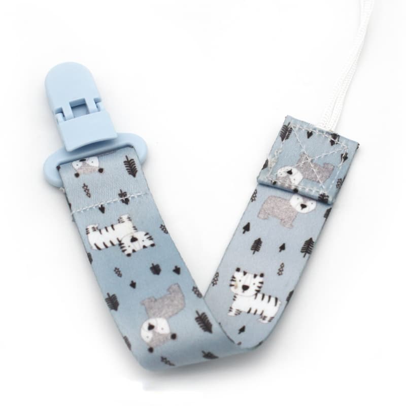 Lant/Snur pentru suzeta sau jucarie cu clips, imprimeu albastru cu animale
