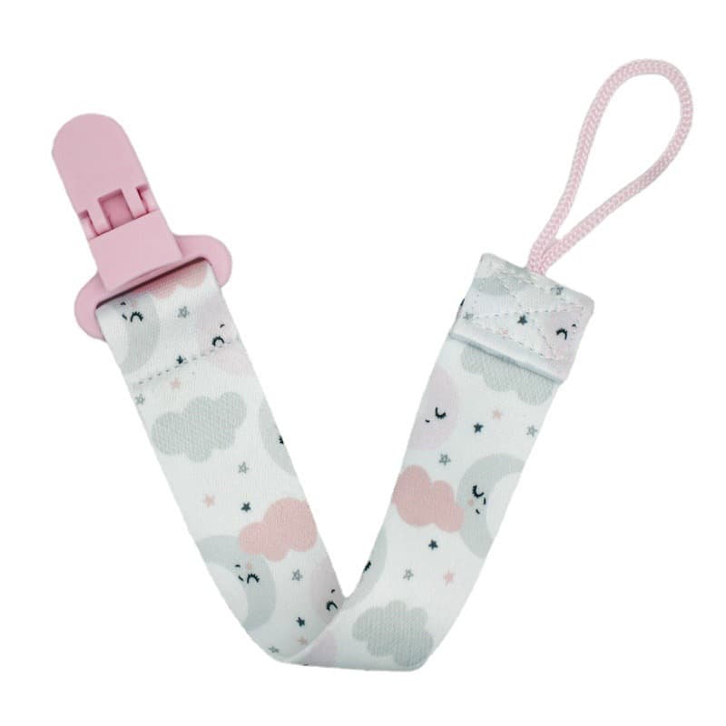 Lant pentru suzeta sau jucarie cu clips, imprimeu, roz cu gri