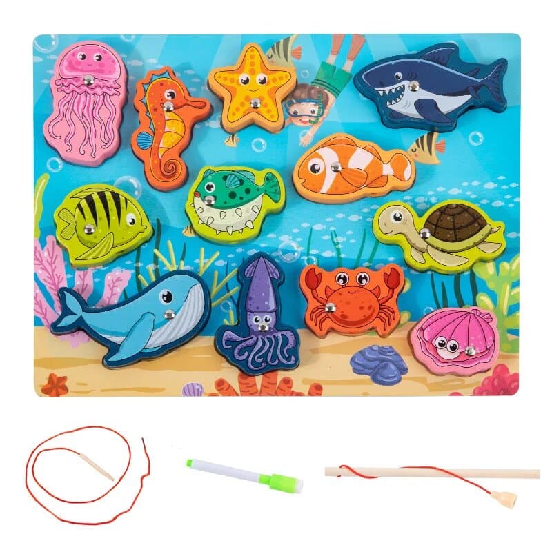Joc de pescuit magnetic din lemn 4 in 1 - Animale marine
