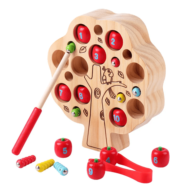 Joc de pescuit copacul cu mere si viermisori, Montessori, magnetic, din lemn