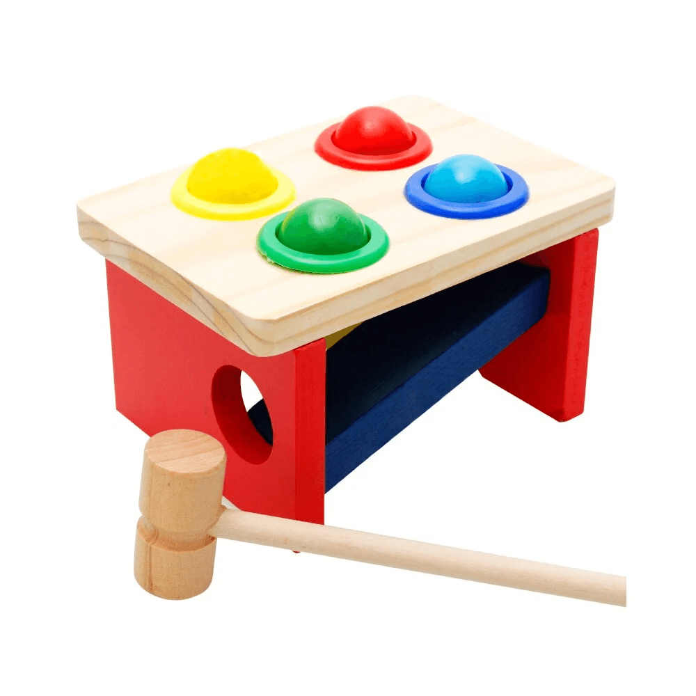 Banc Montessori din lemn cu ciocanel si 4 bile colorate, Cutia Permanentei