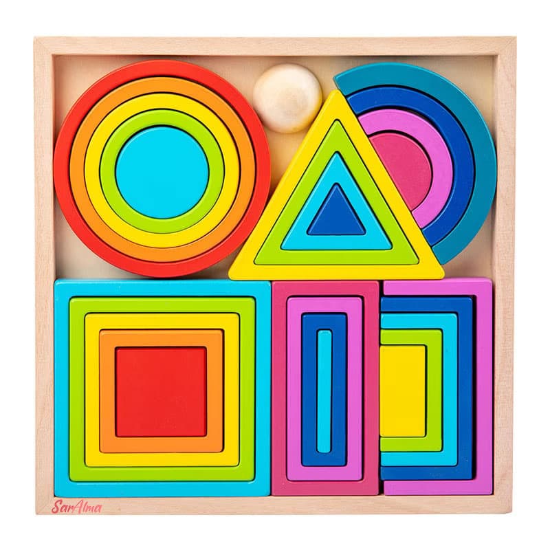 Joc de construit din lemn, Montessori, curcubeu, cerc, semicer, patrat, triunghi si dreptunghi