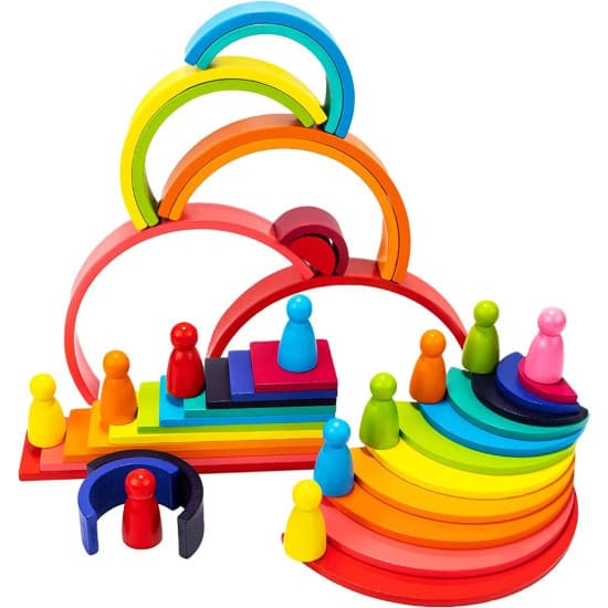 Set 45 piese din lemn, Montessori, curcubeu, semicerc, paleta culori si papusi
