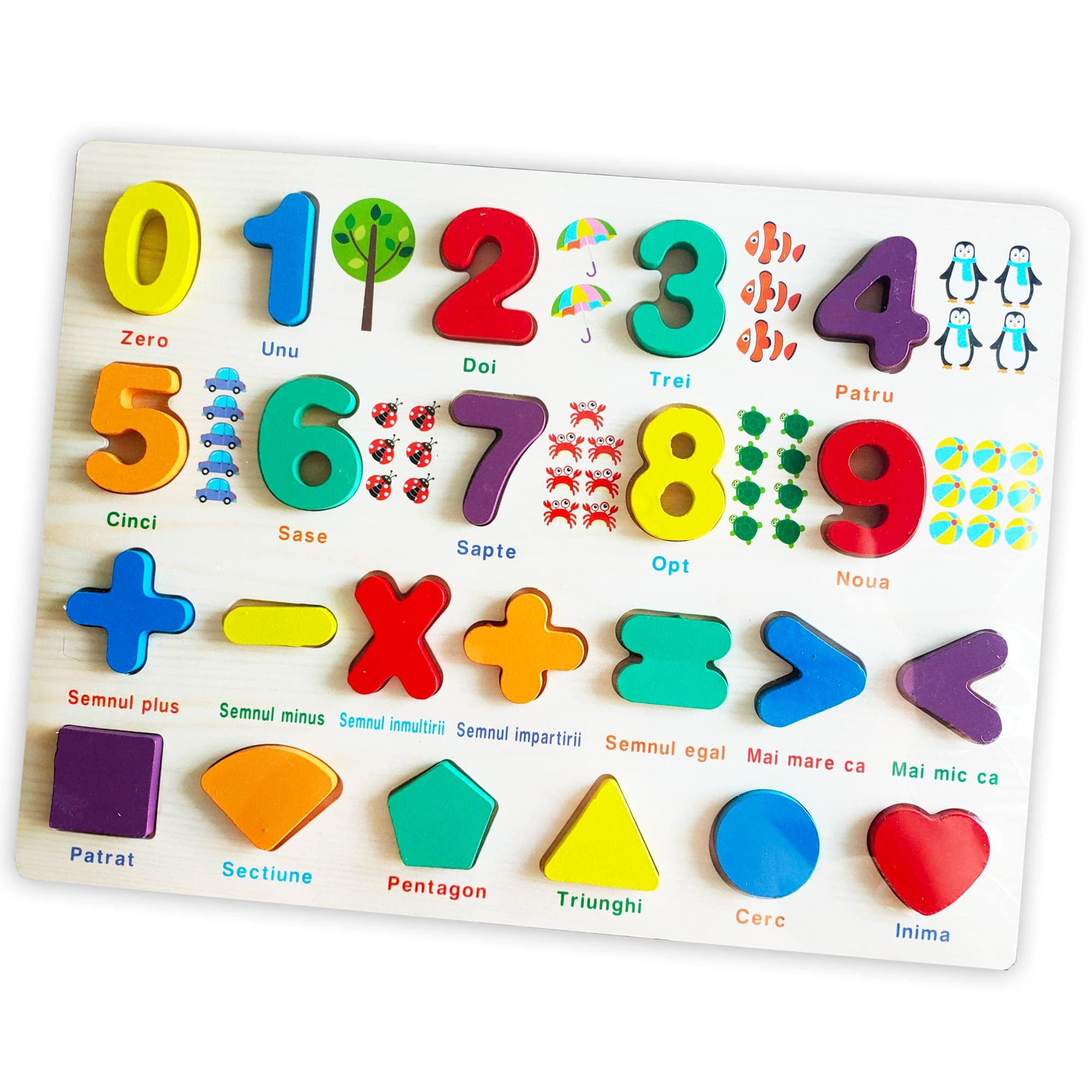Puzzle educativ din lemn, cifre, semne matematice, forme geometrice, cu semnificatie pe tablita, in limba romana