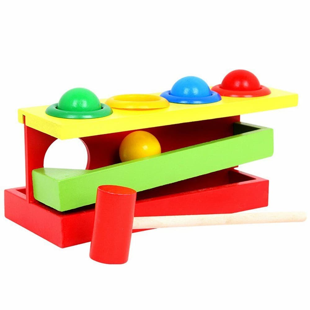 Rampa din lemn pentru copii cu 1 ciocan de jucarie si 4 mingi colorate, Montessori