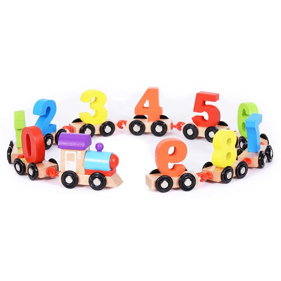 Trenulet din lemn cu Cifre, jucarie interactiva, Montessori, Multicolor