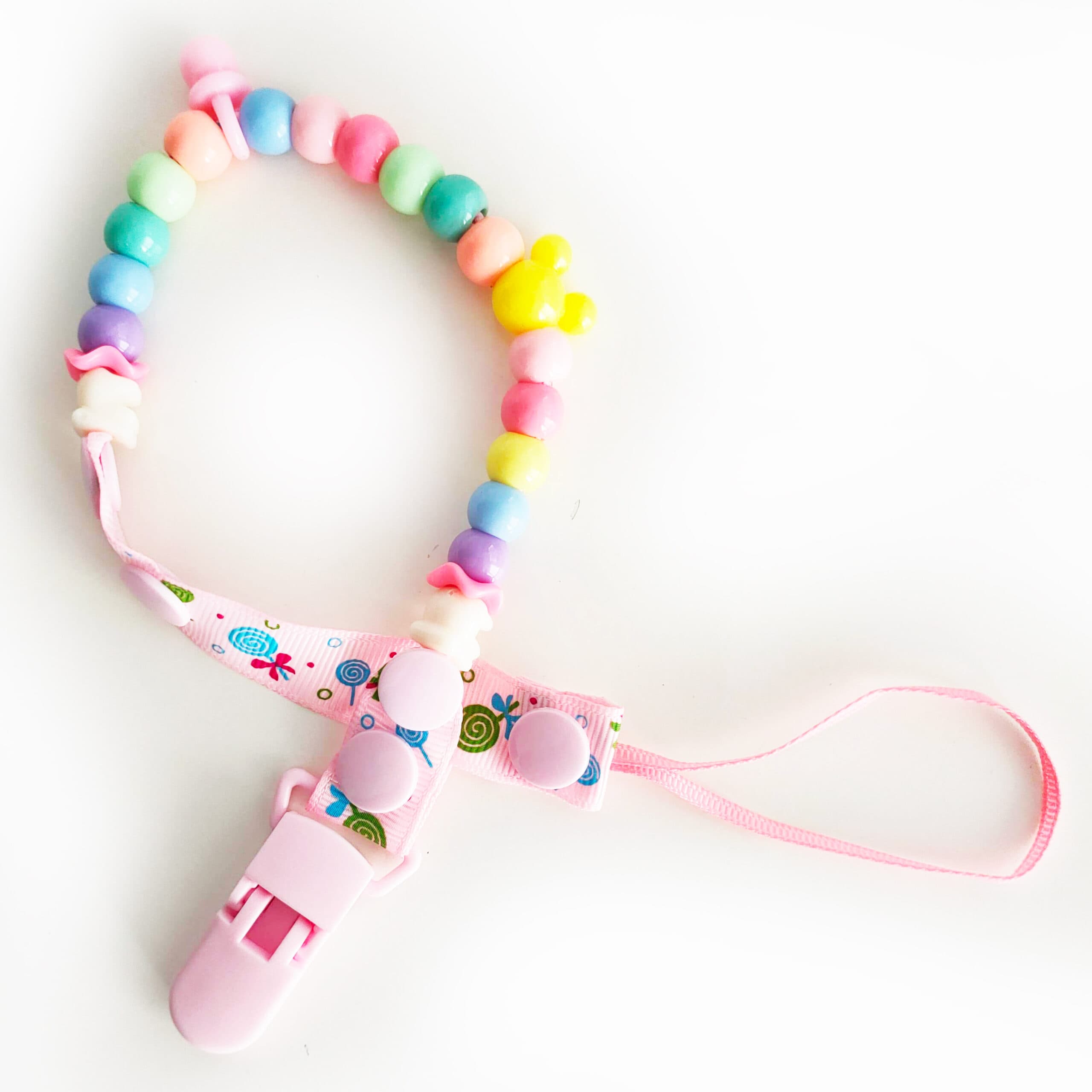Lant/snur pentru suzeta sau jucarie, din margelute ABS, cu clips, roz
