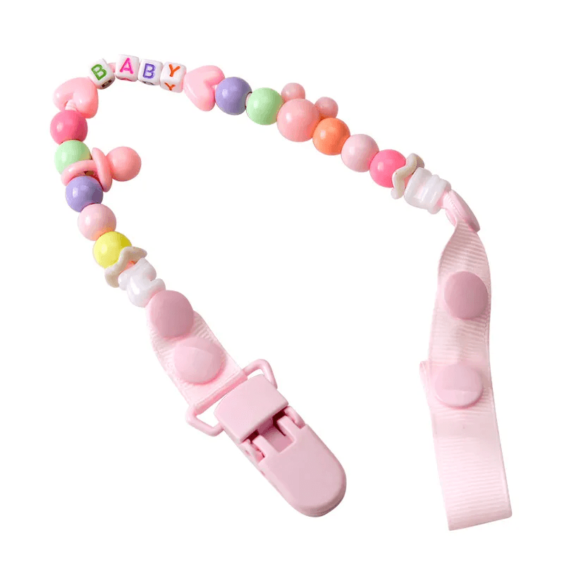 Lant pentru suzeta sau jucarie, cu margelute din ABS, cu clips, roz