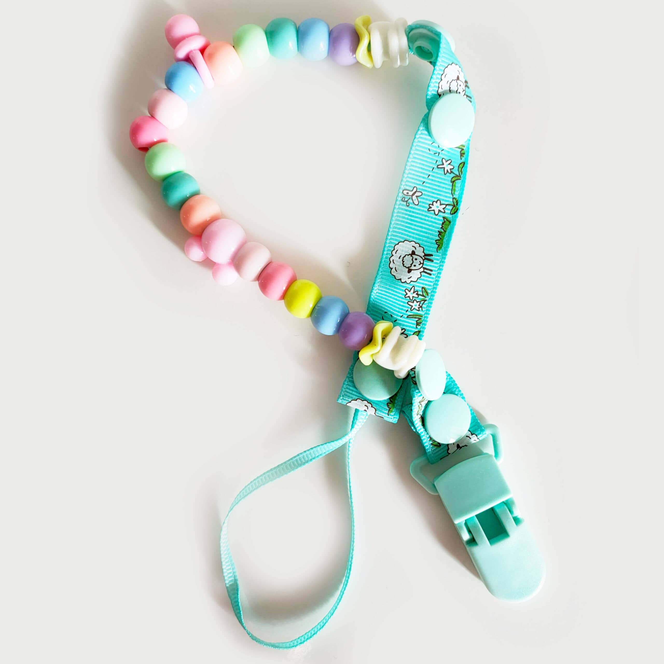Lant pentru suzeta sau jucarie, cu margelute din ABS, cu clips, turcuaz