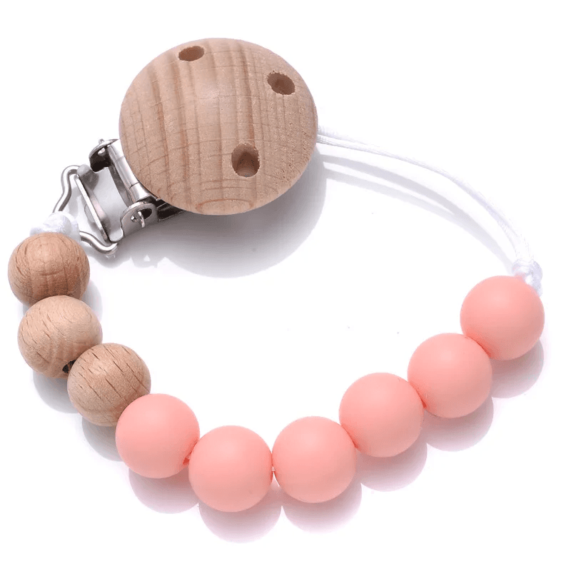 Lantisor cu bile din silicon si lemn natural, clips pentru agatat suzeta sau jucaria, roz, fara BPA