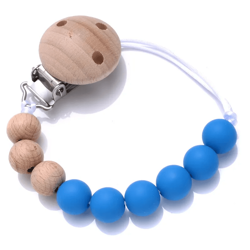 Lantisor cu bile din silicon si lemn natural, clips pentru agatat suzeta sau jucaria, albastru, fara BPA