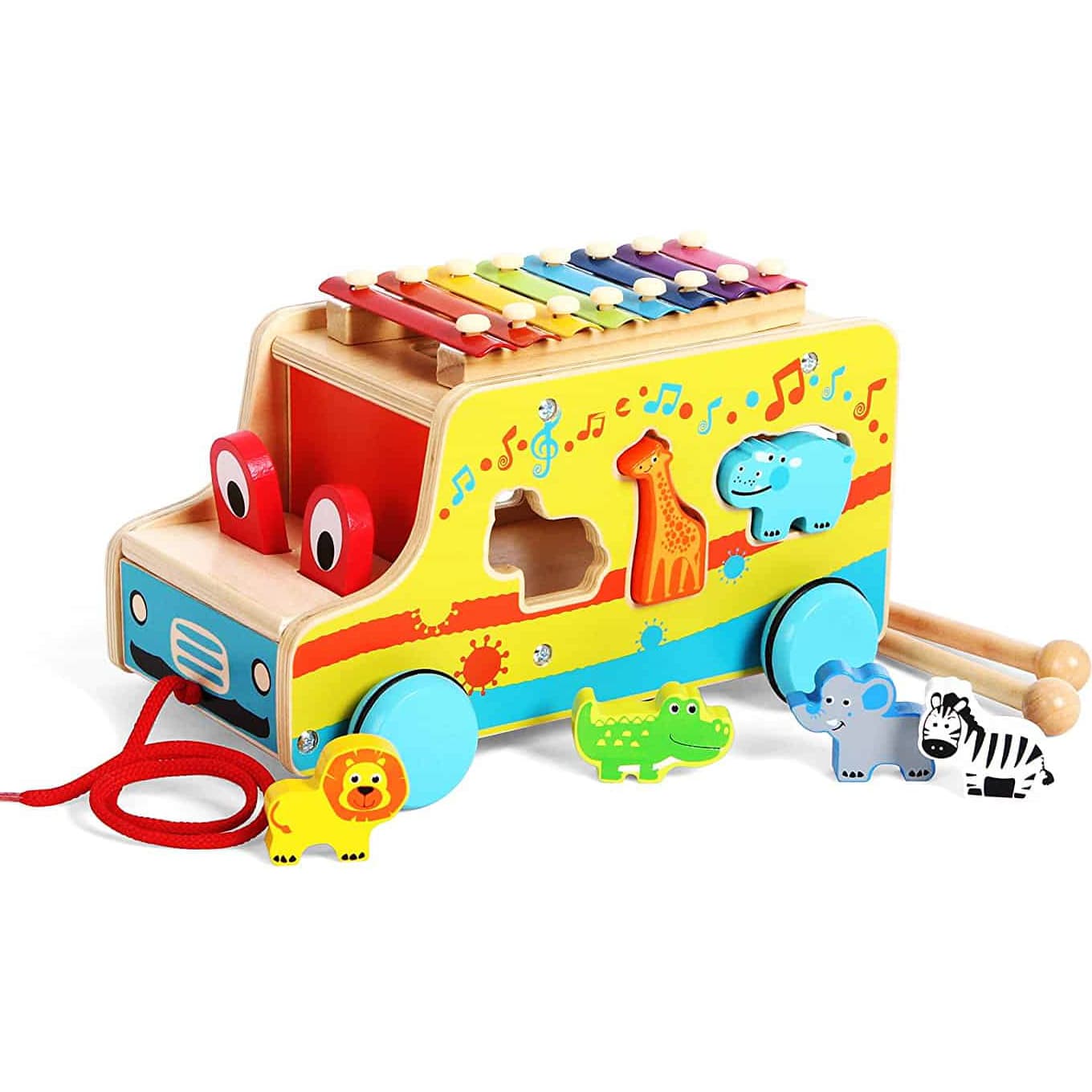 Jucarie interactiva in forma de autobuz, de tras si sortat, din lemn, cu xilofon si 6 animalute, Montessori