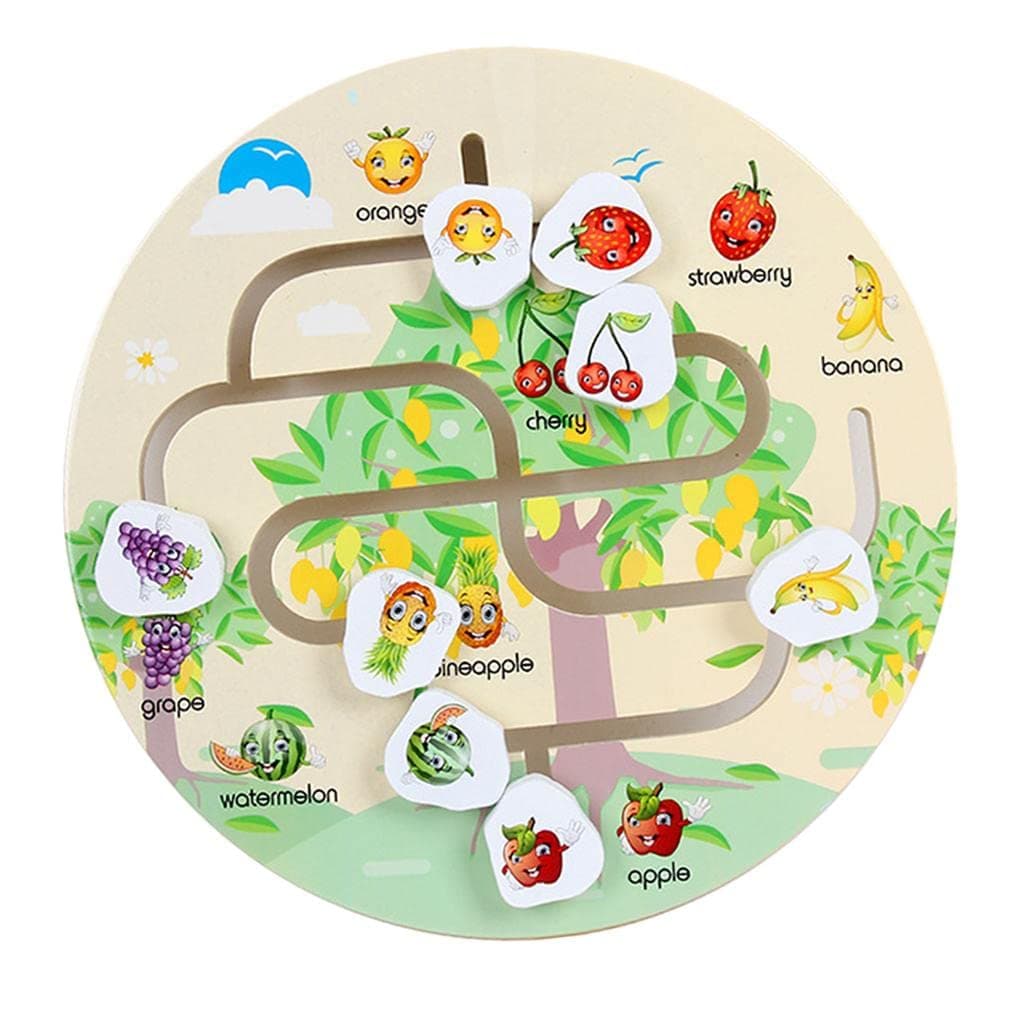 Jucarie interactiva Labirintul Fructelor, din lemn, Montessori, multicolor