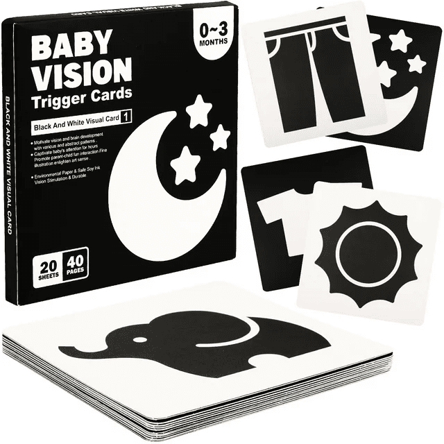Set 20 carduri stimulare vizuala bebelusi, cartonase cu imagini, poze alb negru, 0-3 luni
