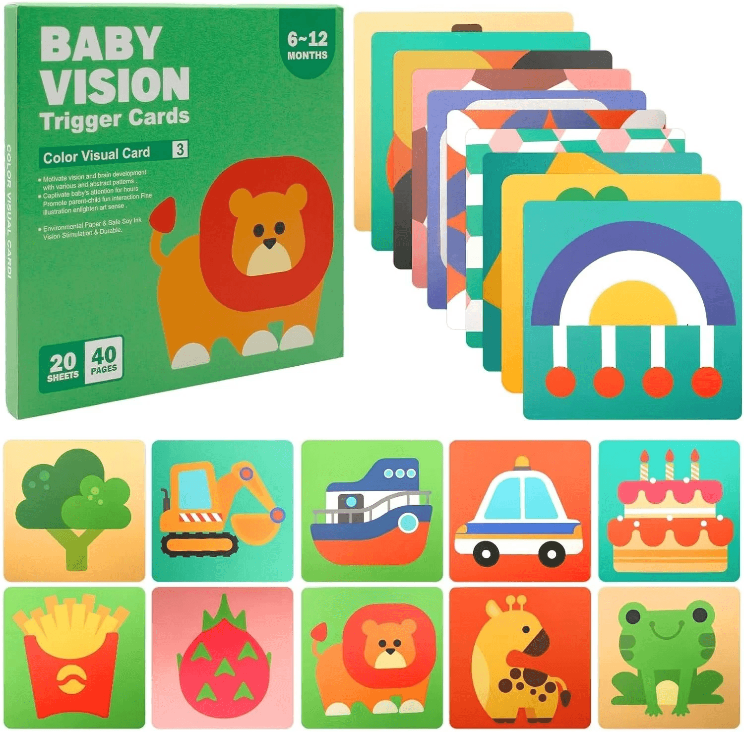 Set 20 carduri stimulare vizuala bebelusi, cartonase cu imagini, 6-12 luni