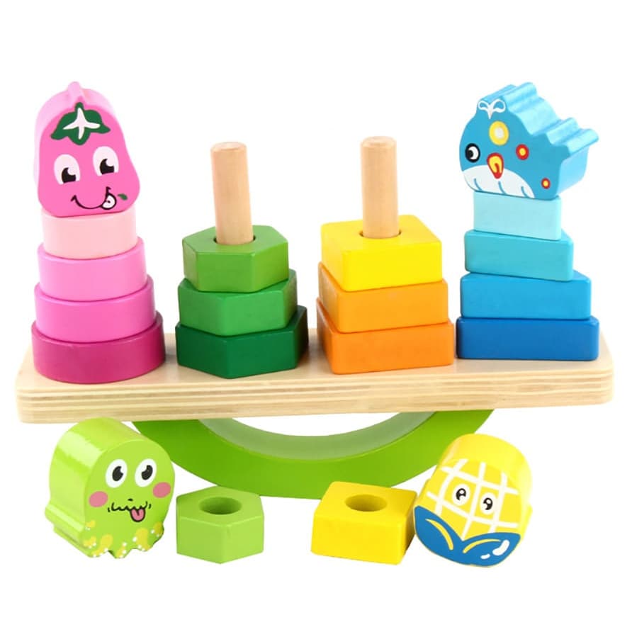 Joc de echilibru, sortare si stivuire forme geometrice, din lemn, Montessori