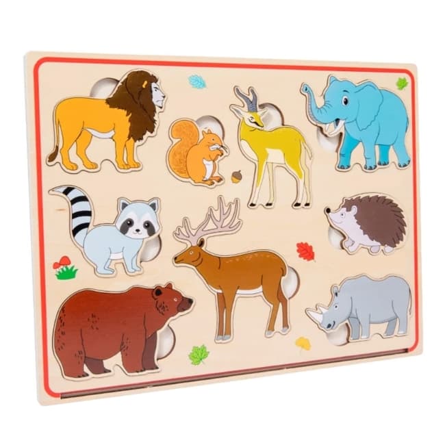 Puzzle incastru magnetic, din lemn in limba romana, Invatam animalele salbatice
