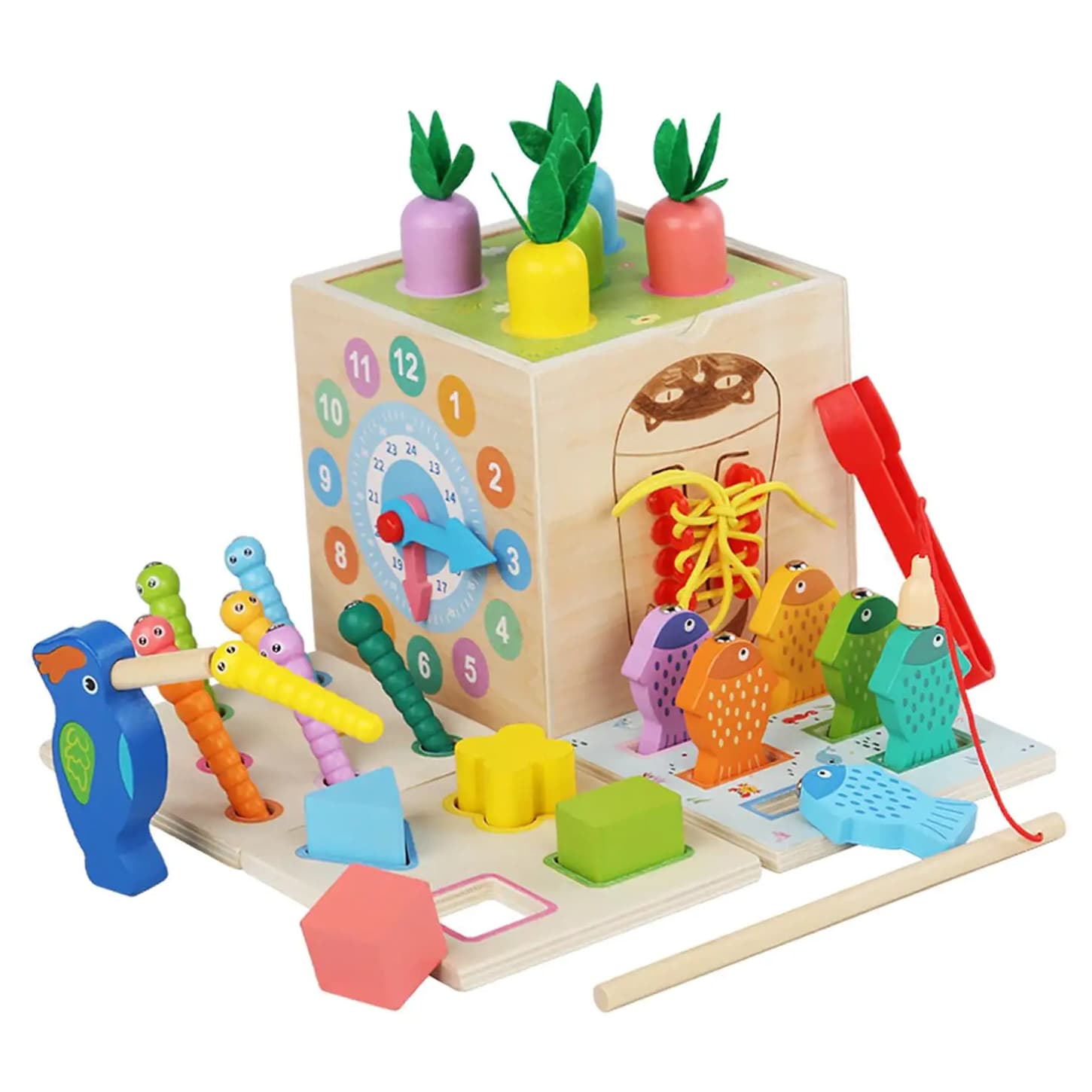 Cub educativ Montessori din lemn 6 in 1 cu activitati Montessori