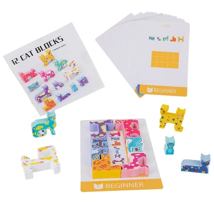Joc puzzle tetris din lemn, blocuri cu forme de pisici din lemn, Montessori