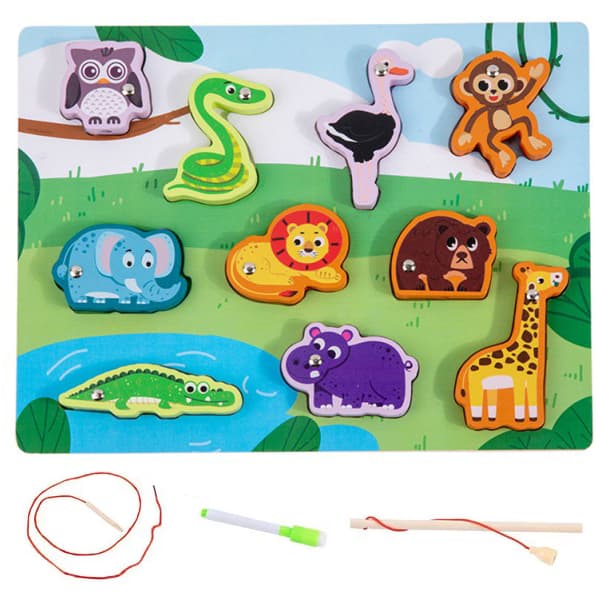 Joc de pescuit magnetic din lemn 4 in 1, Animale salbatice