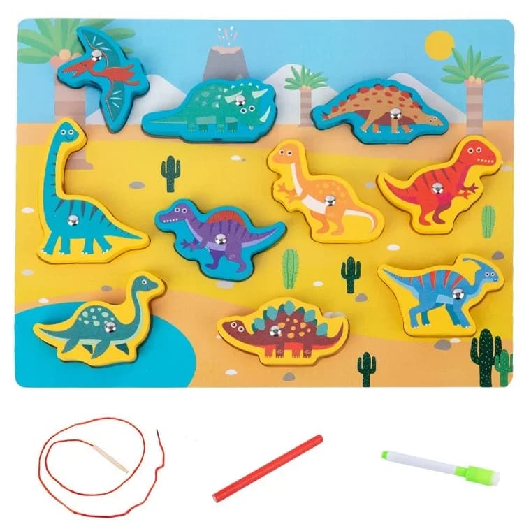 Joc de pescuit magnetic din lemn 4 in 1, Dinozaur