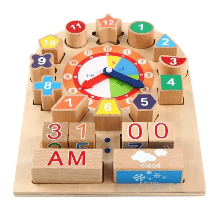 Ceas 3D din lemn cu forme geometrice detasabile, Montessori